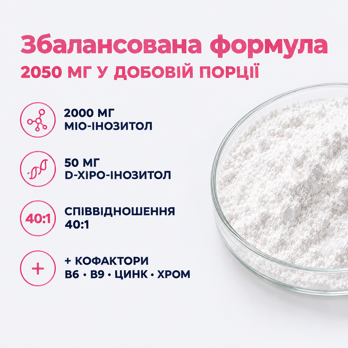 Збалансована формула: 2000 мг міо-інозитолу + 50 мг D-хіро-інозитолу, співвідношення 40:1, кофактори B6, B9, цинк, хром