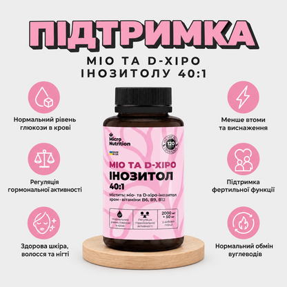 Підтримка міо та D-хіро інозитолу 40:1: рівень глюкози, гормональна активність, шкіра, фертильність, втома, обмін вуглеводів