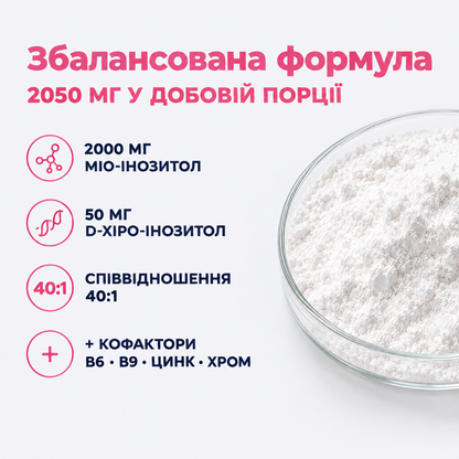 Збалансована формула: 2000 мг міо-інозитолу + 50 мг D-хіро-інозитолу, співвідношення 40:1, кофактори B6, B9, цинк, хром