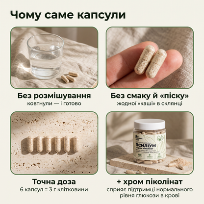 Чому саме капсули: без розмішування, без смаку й піску, точна доза 6 капсул = 3 г клітковини, плюс хром піколінат