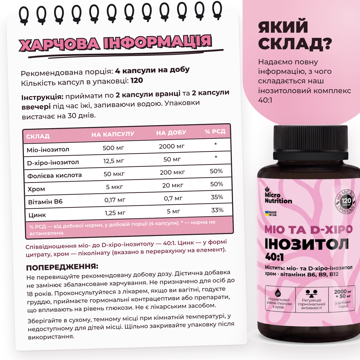 Який склад: харчова інформація Міо та D-хіро Інозитол 40:1 — міо-інозитол 500 мг, D-хіро 12,5 мг, фолієва кислота, хром, B6, цинк на капсулу та на добу, % РСД