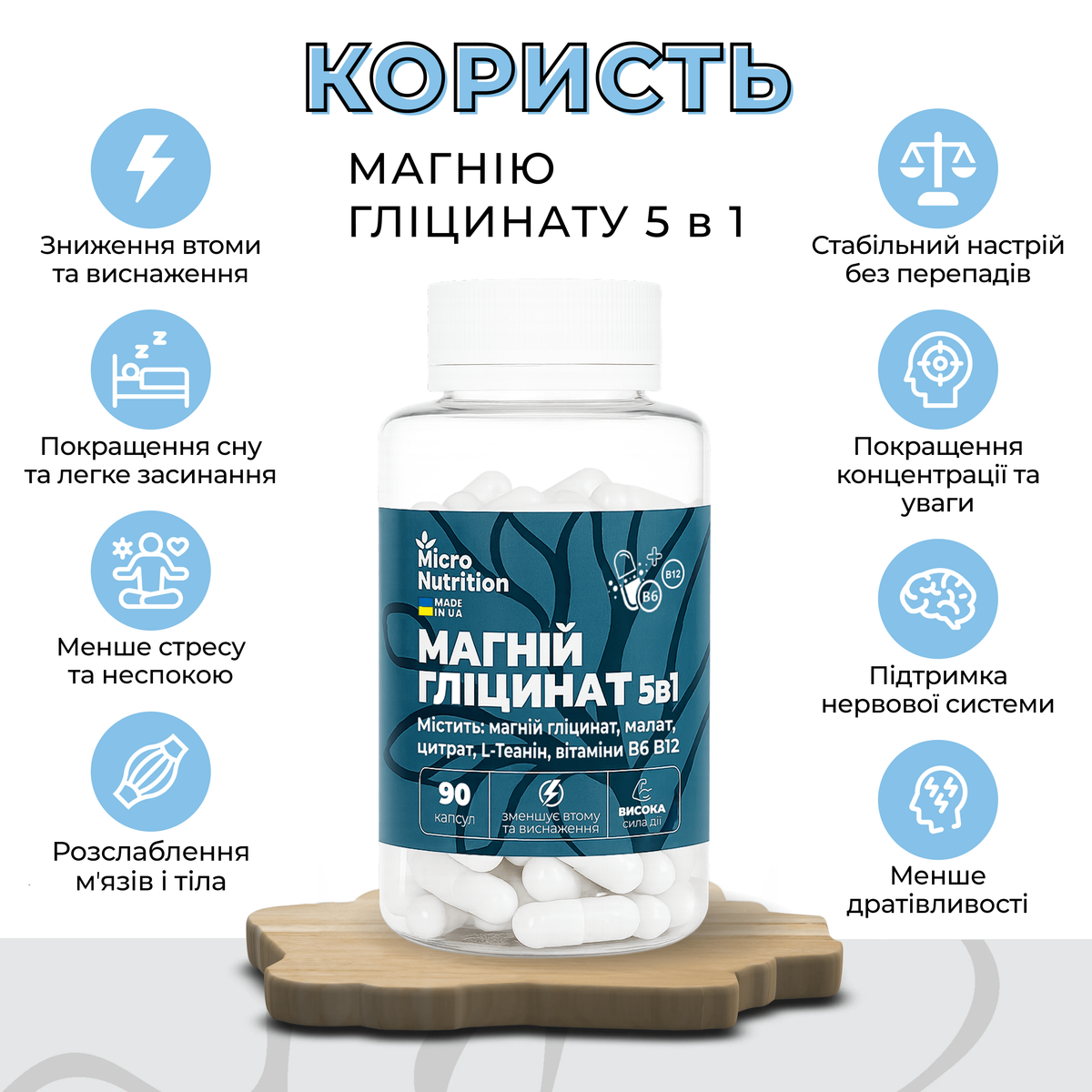 МАГНІЙ ГЛІЦИНАТ 5в1 – 90 капсул