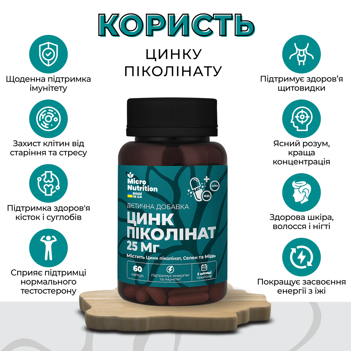ЦИНК ПІКОЛІНАТ 25 МГ + СЕЛЕН ТА МІДЬ – 60 капсул